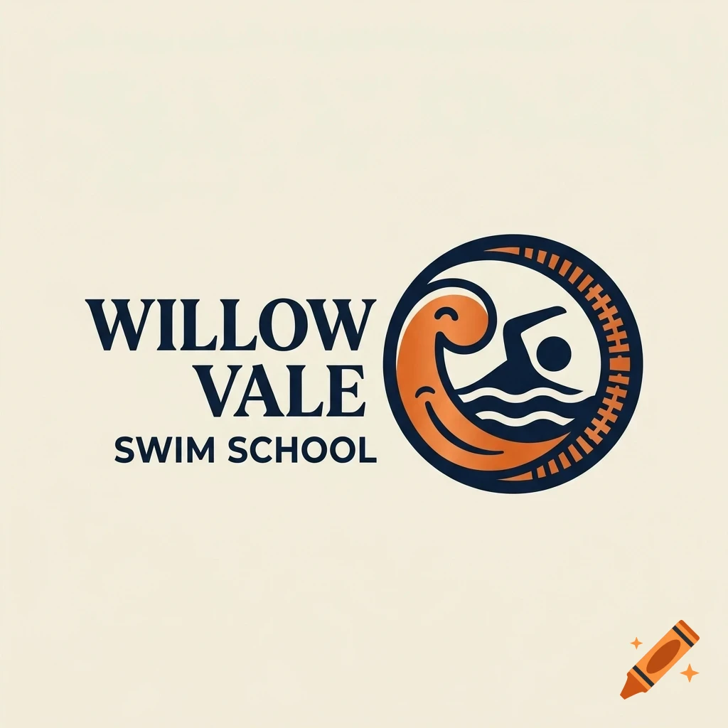 Logo for Willow Vale Swim School featuring a swimmer and a wave inside a circular design.