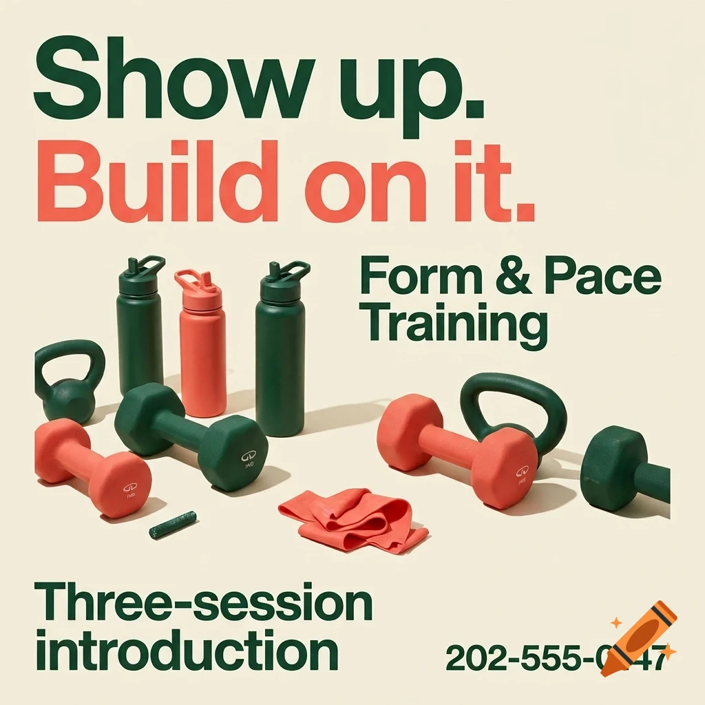 Fitness advertisement featuring dumbbells, kettlebells, water bottles, and resistance bands arranged with text reading Form & Pace Training.
