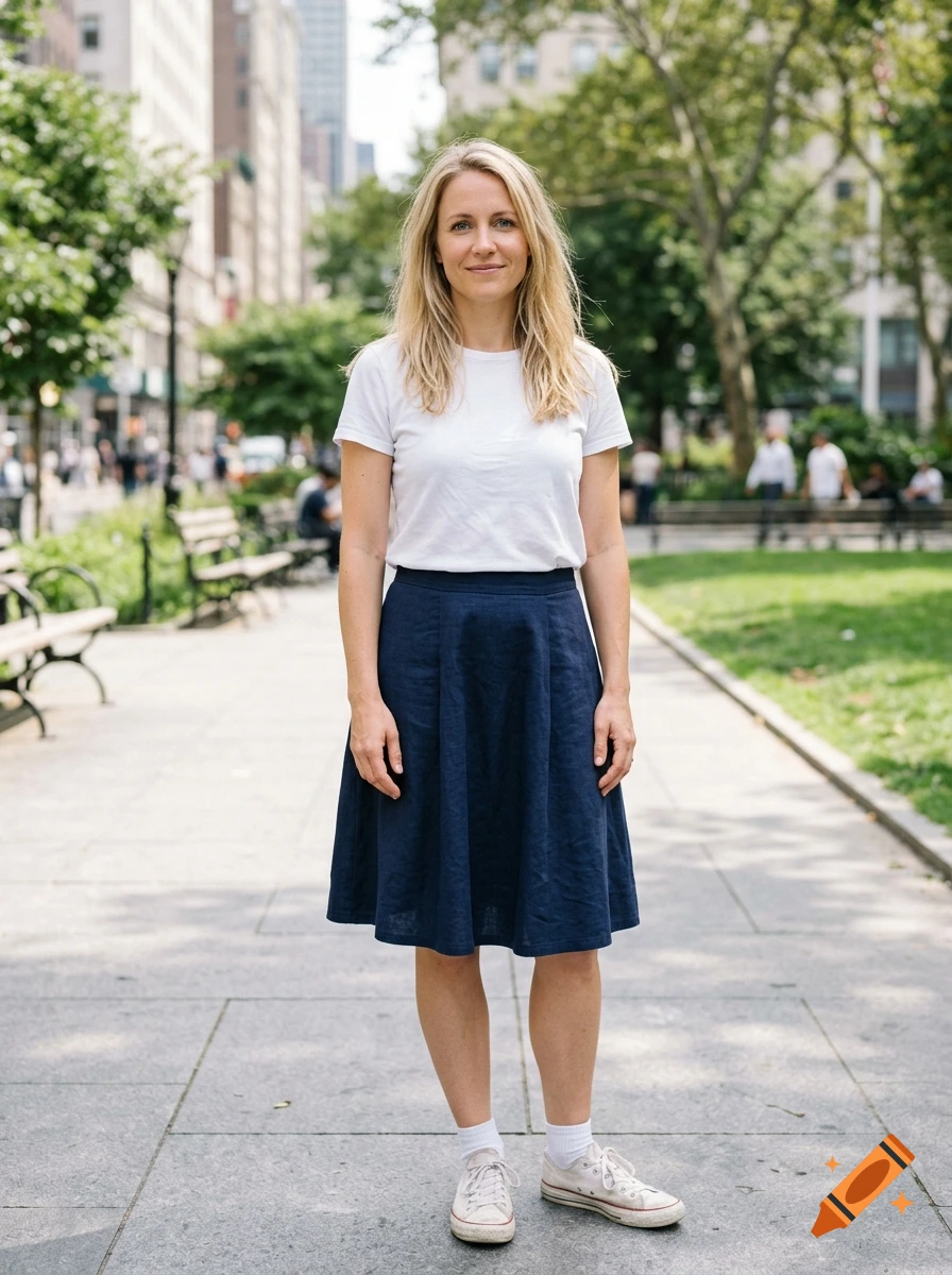 Full-length photorealistic shot of a woman with blonde hair wearing a white t-shirt, navy blue skirt, and white sneakers standing on a city street.