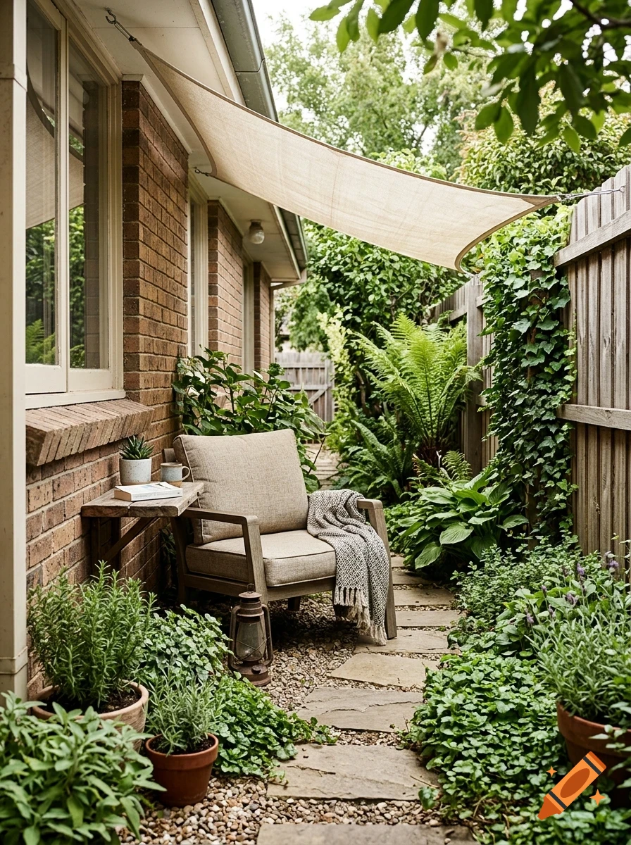 A cozy backyard patio area with a comfortable armchair, a small side table, lush green plants, and a sun shade sail stretched between a brick wall and a wooden fence.