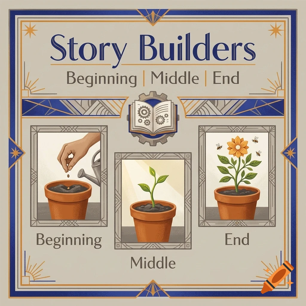 An instructional graphic titled Story Builders with three panels showing the growth of a plant from a seed to a flower.