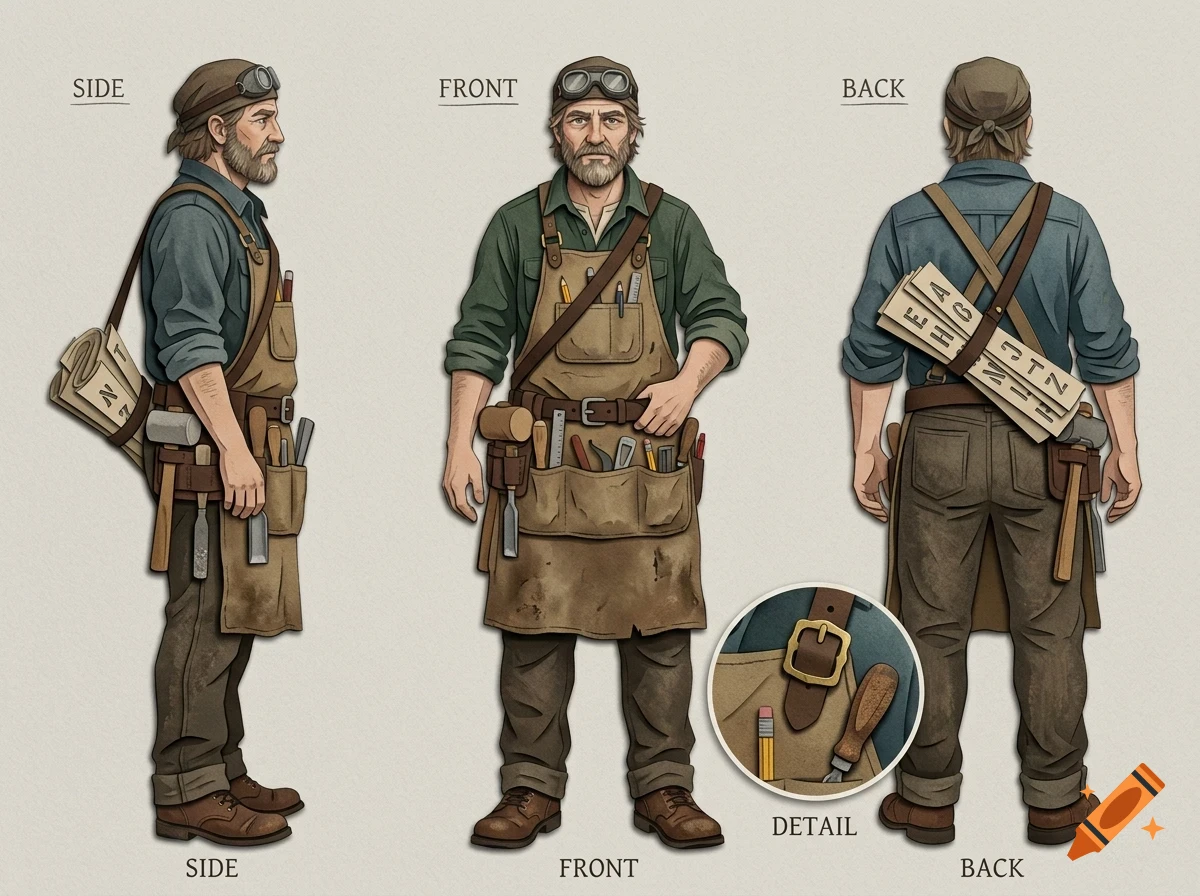 Character design sheet showing a bearded male carpenter from the side, front, and back, wearing a work apron and tool belt, with a detail view.