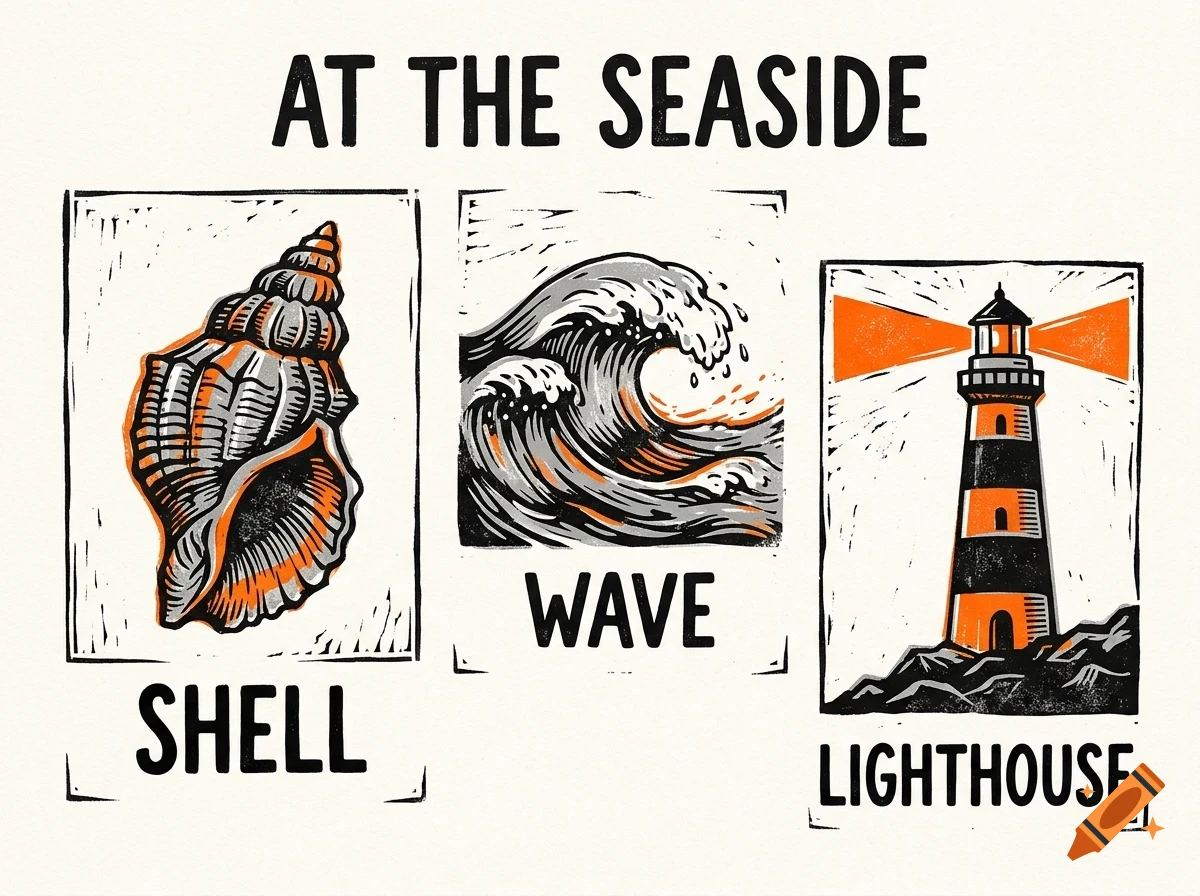 An illustration with the text At The Seaside featuring three framed panels showing a seashell, a wave, and a lighthouse with captions.