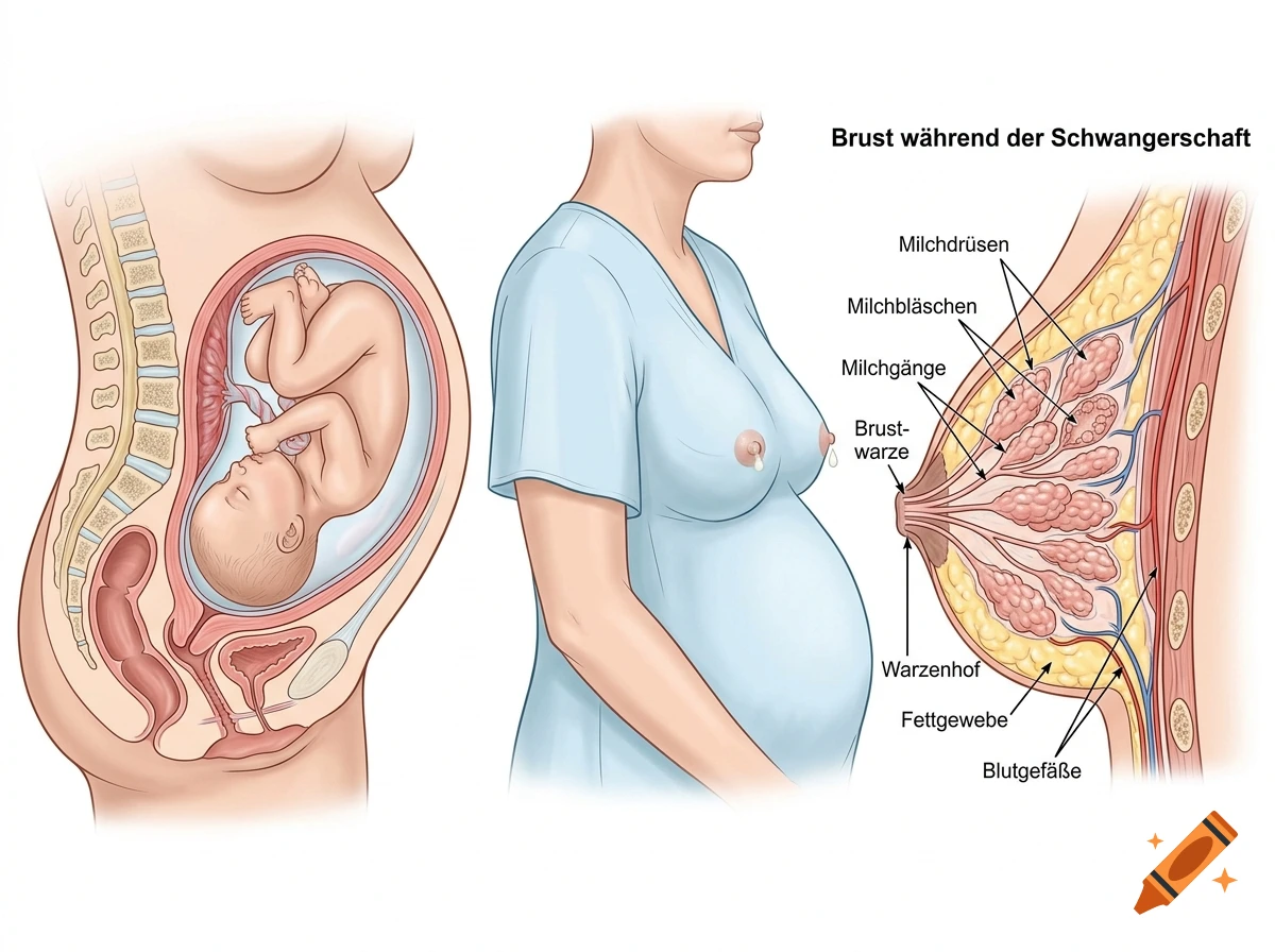 Educational medical illustration showing a fetus in the womb, a pregnant woman, and a cross-section of a breast with German labels.