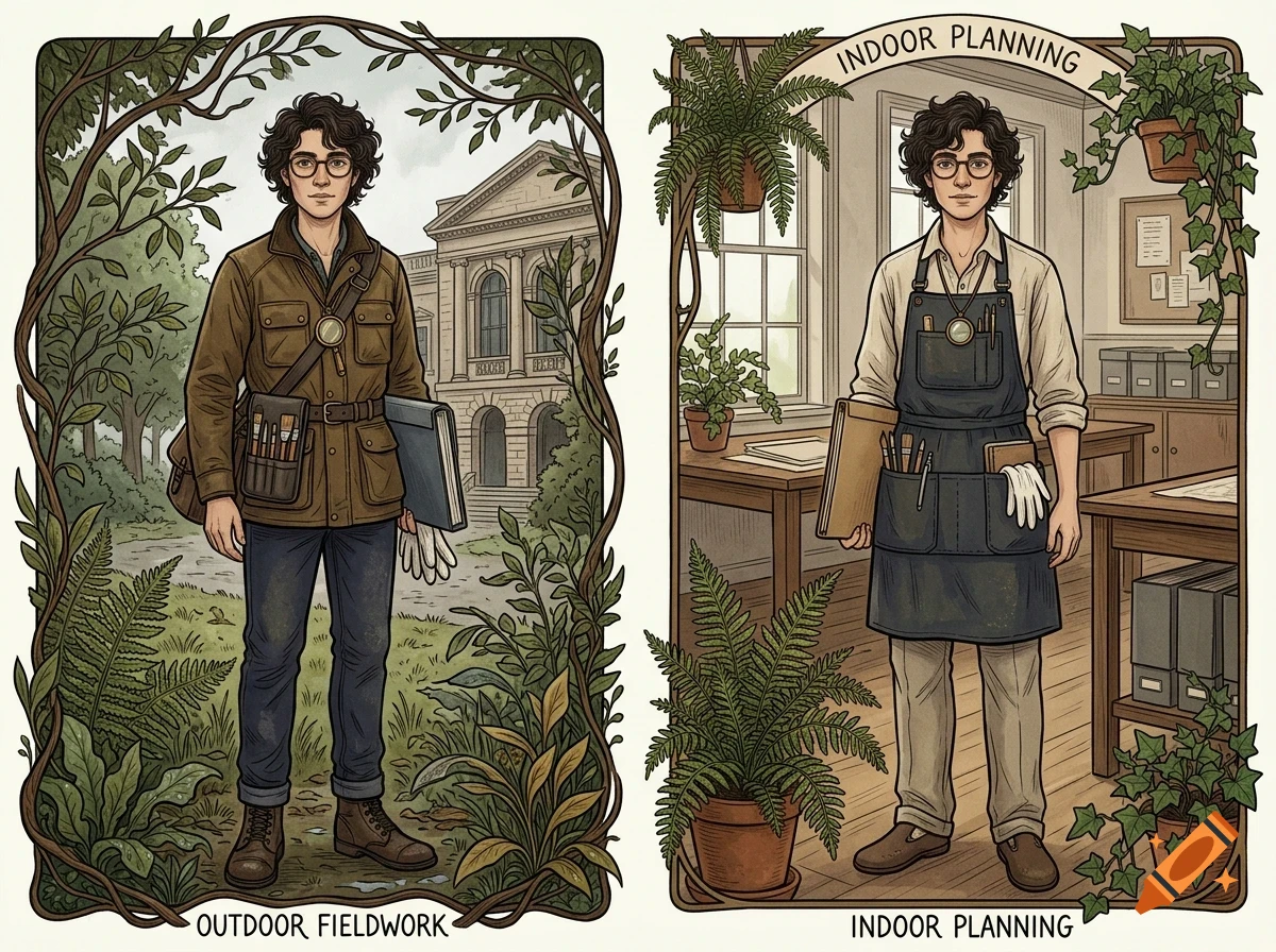 An illustrated comparison of outdoor fieldwork and indoor planning, featuring a man in two different professional settings.