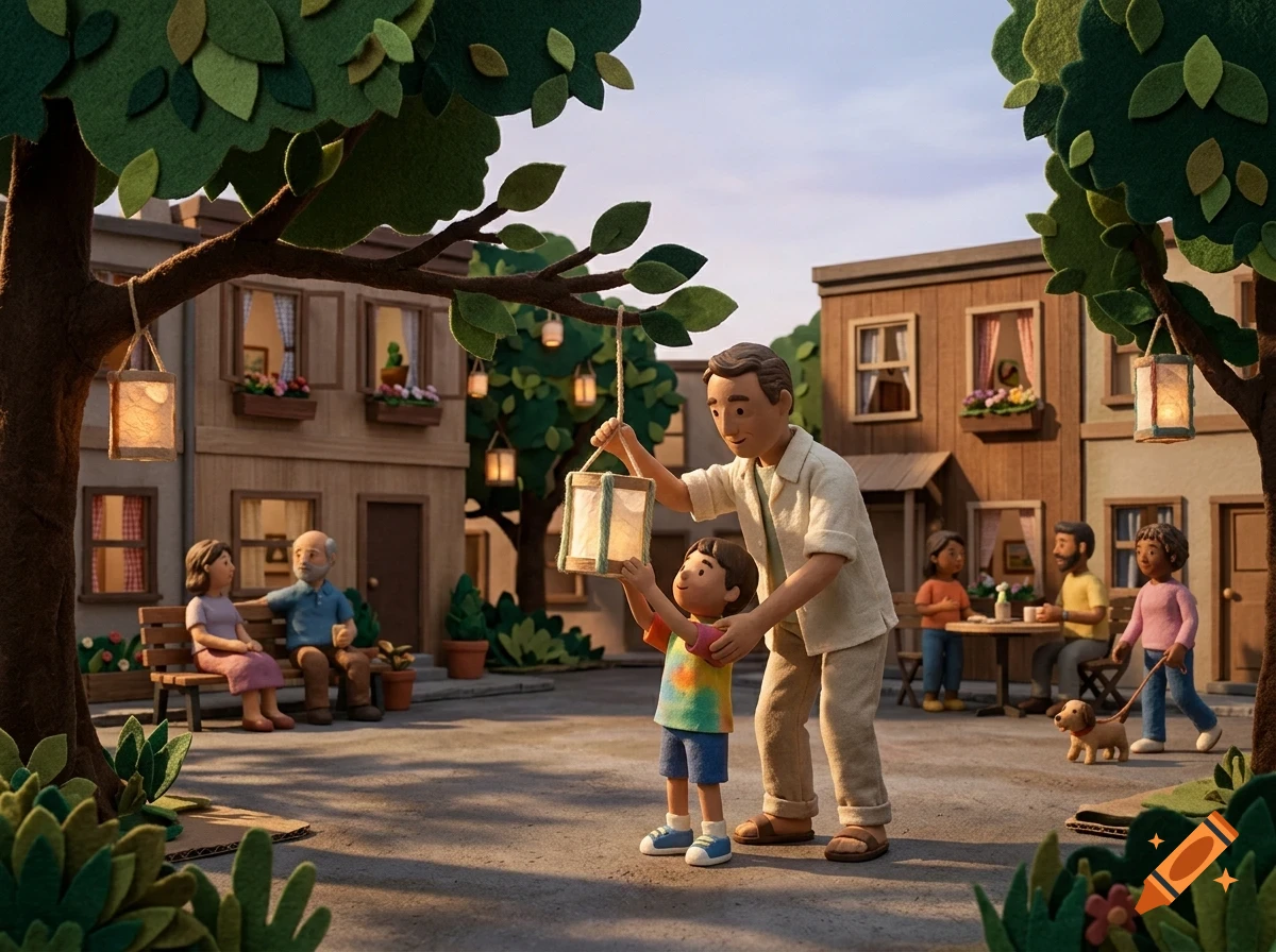 An adult and a child in a diorama style town square hang a paper lantern from a tree branch, surrounded by other people and small buildings.