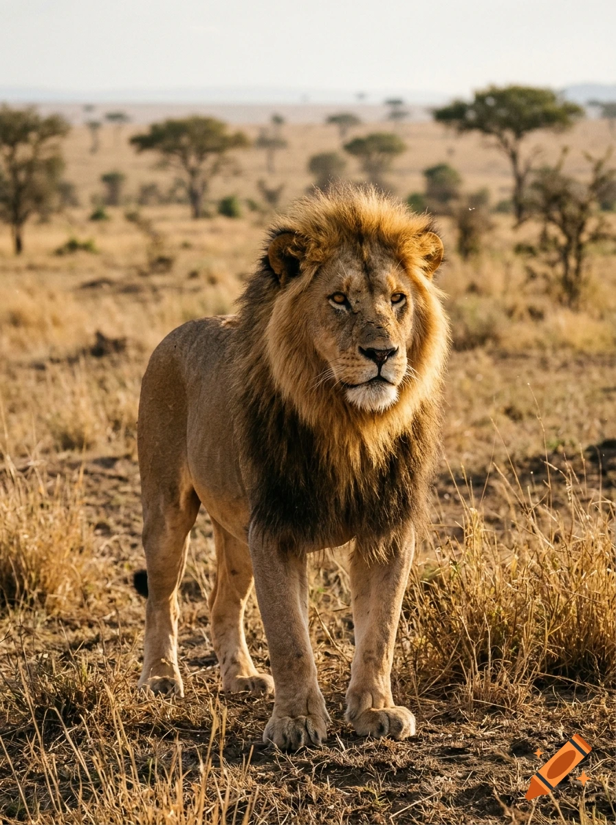 Photorealistic image of a large male lion standing in the African savanna with acacia trees in the background.
