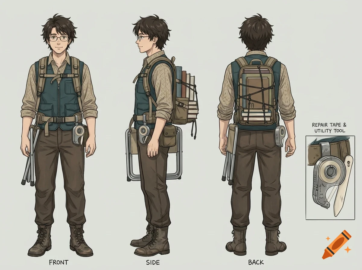 Character design sheet showing a young man with glasses, a backpack, utility belt, and books from front, side, and back views.