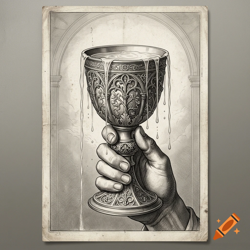 An etching style illustration of a hand holding an ornate overflowing chalice.