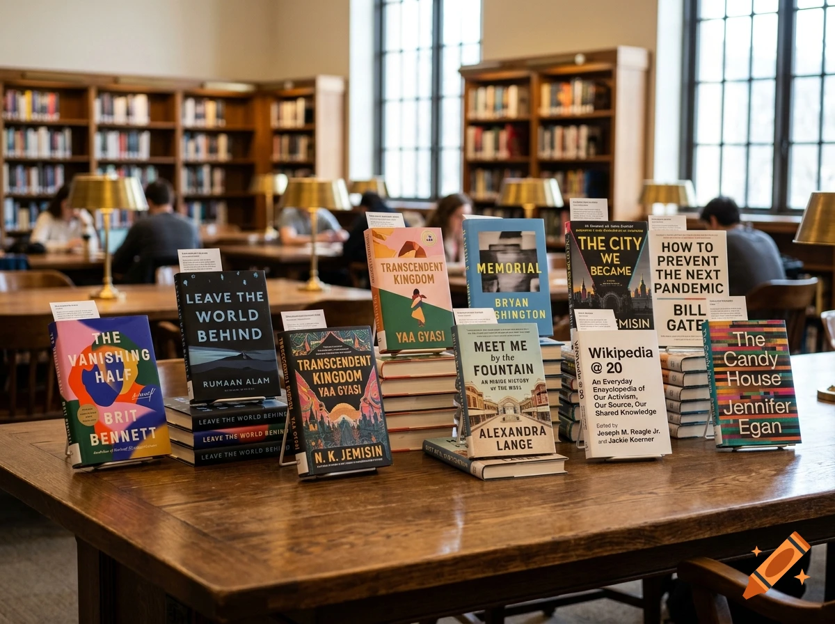 A photorealistic library table displaying various book covers with titles, with bookshelves and people blurred in the background.