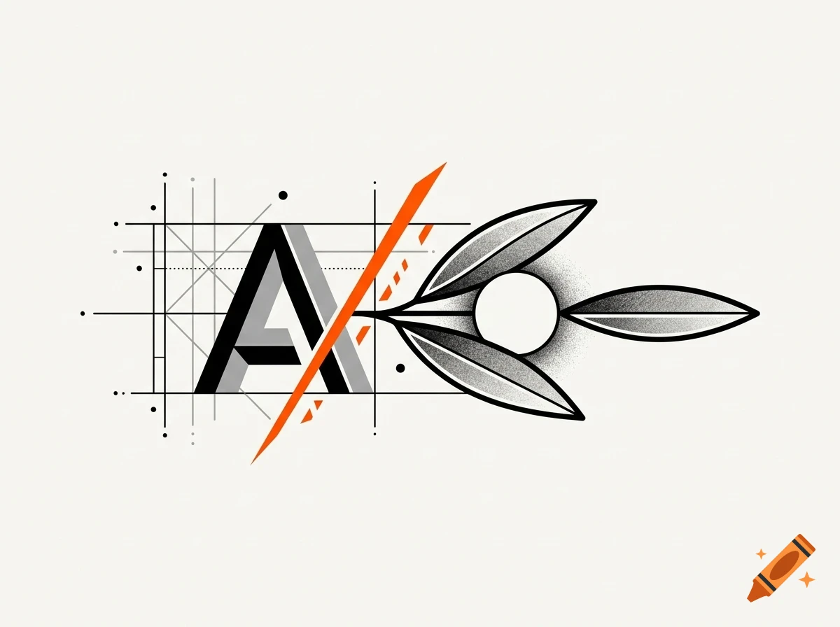An artistic design featuring the letter A with architectural grid lines, an orange diagonal slash, and leaf-like motifs surrounding a central circle.