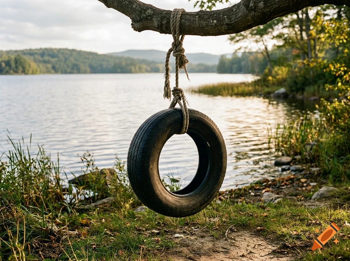 Photorealistic image of a tire swing hanging from a tree branch by a calm lake with mountains in the background.