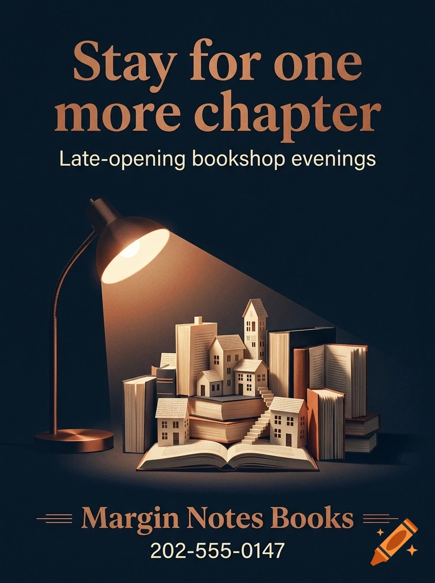 A poster featuring a desk lamp illuminating miniature houses constructed out of books, with text reading Stay for one more chapter.