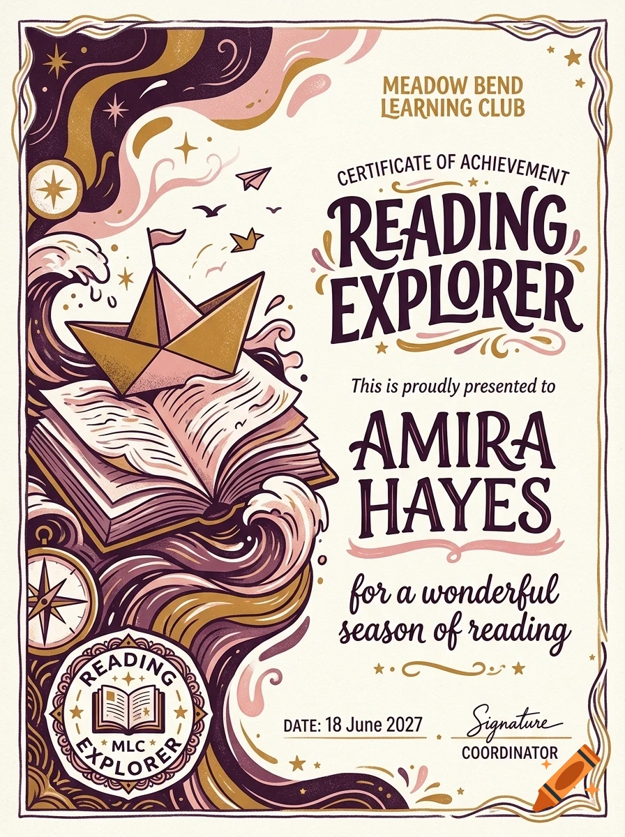 Certificate of achievement for Reading Explorer with an illustrated open book, paper boat, waves, and decorative lettering.