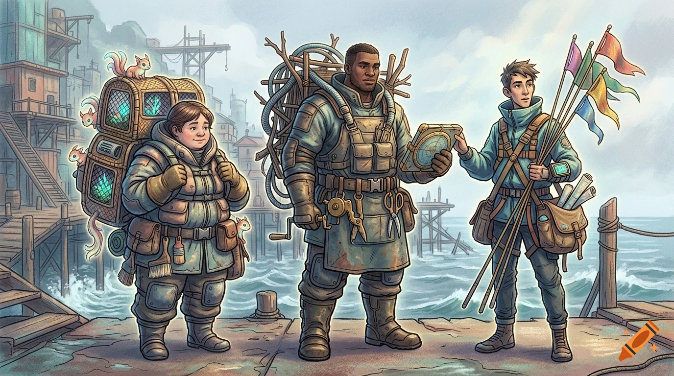 Three explorers with gear and glowing creatures stand on a wooden dock by the sea.