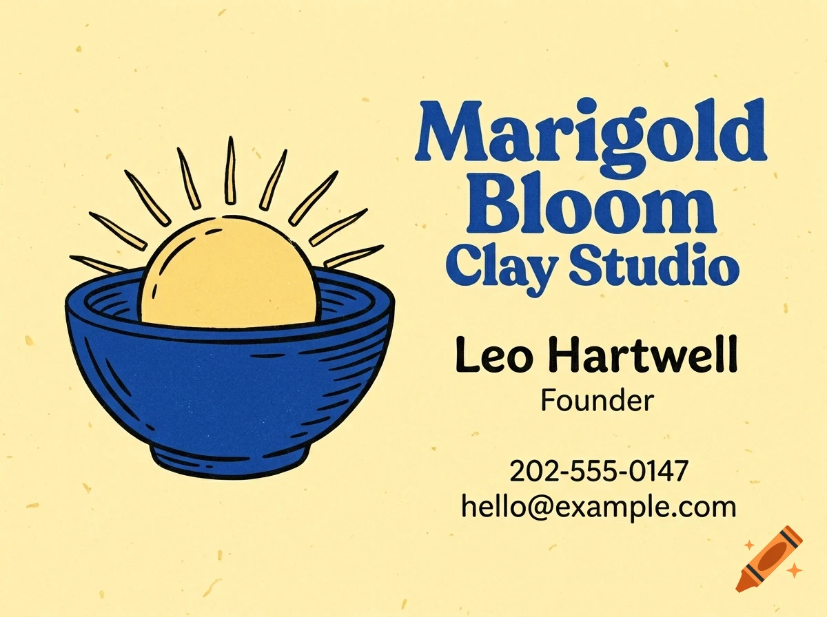 A business card design for Marigold Bloom Clay Studio featuring an illustration of a bowl with a rising sun and contact details.