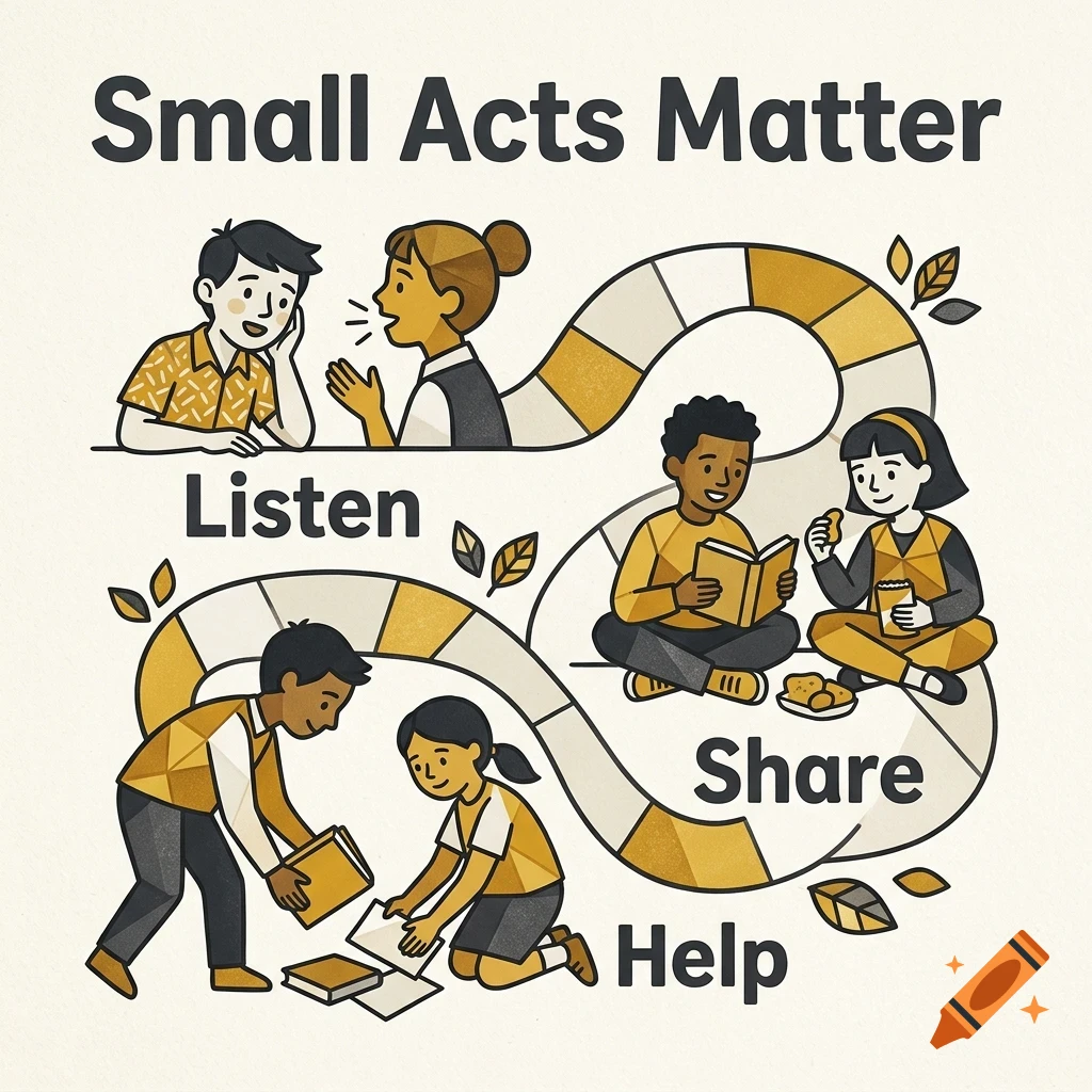 An illustrated poster with children depicting acts of listening, sharing, and helping, with the text Small Acts Matter.