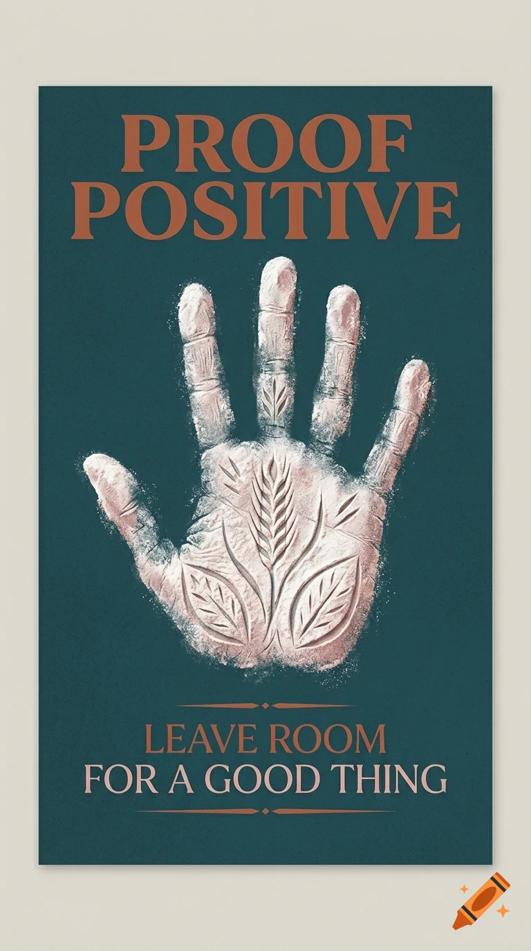 A poster with dark teal background showing a hand imprint in flour or powder featuring leaf and wheat stalk designs, with the text PROOF POSITIVE and LEAVE ROOM FOR A GOOD THING.