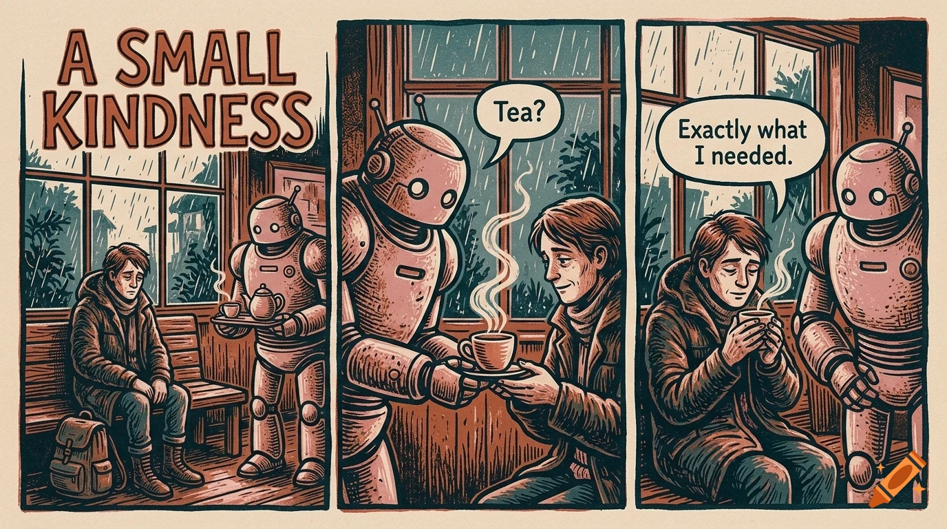 A three-panel comic strip titled 'A Small Kindness' showing a robot serving tea to a sad person indoors on a rainy day.