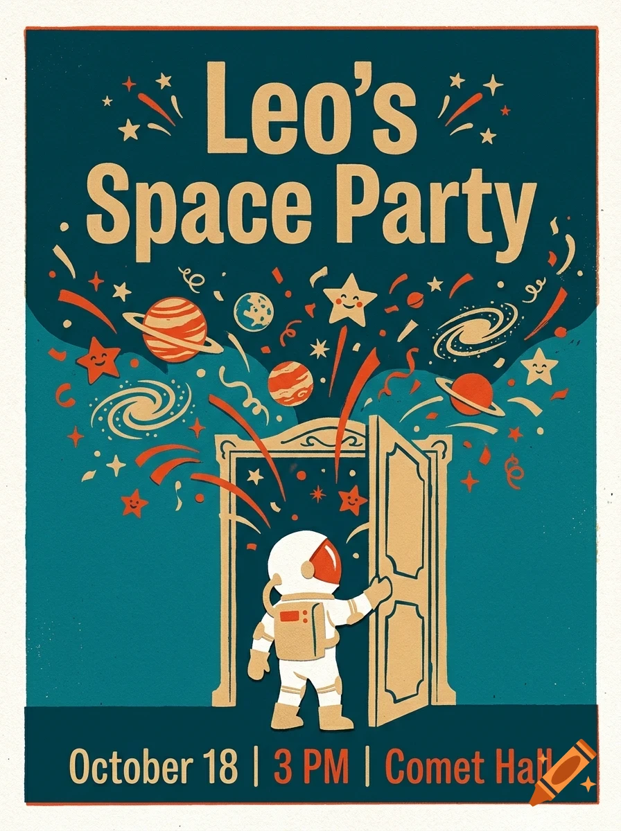 An illustration of an astronaut opening a door to space with planets, stars, and galaxies, with the text "Leo's Space Party" and event details.