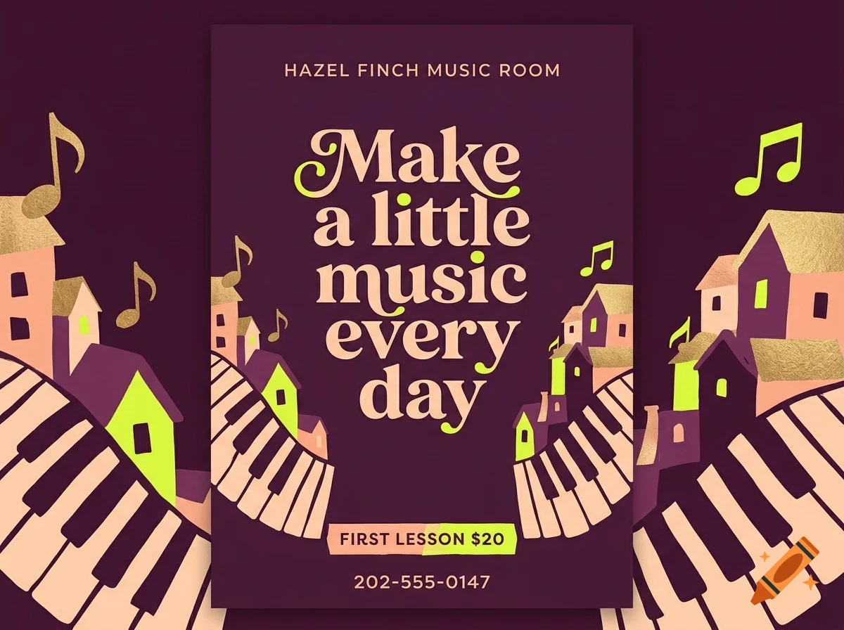 A poster featuring a purple background with the text 'Make a little music every day', surrounded by stylized houses and piano keys.