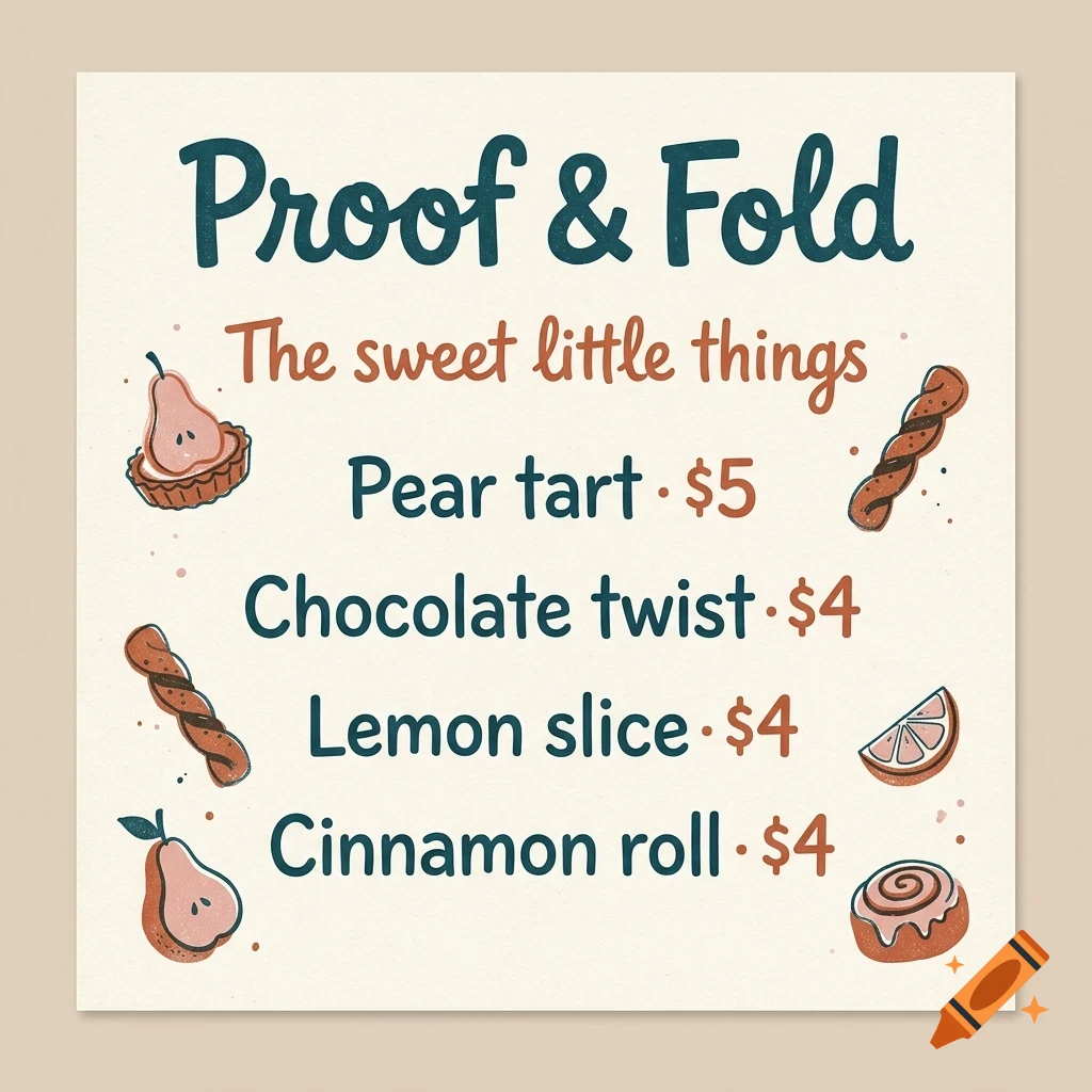 An illustrated menu for 'Proof & Fold' listing baked goods and prices alongside small drawings of a pear tart, chocolate twist, lemon slice, and cinnamon roll.