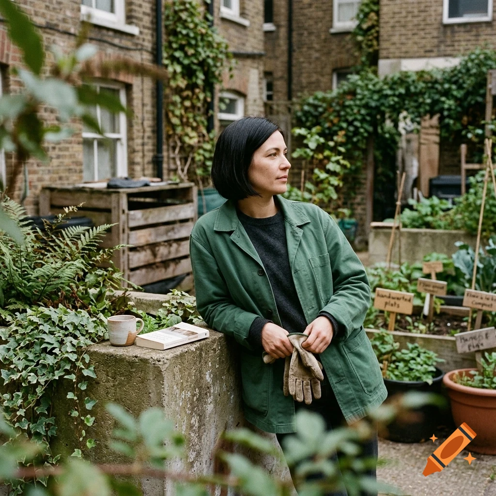 A woman with dark hair wearing a green jacket stands in a courtyard garden, holding gardening gloves with a book and mug nearby.