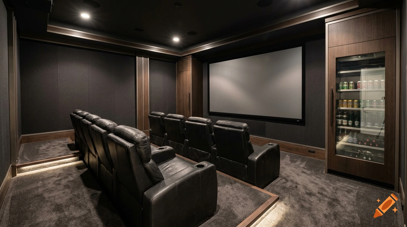 Photorealistic home theater with rows of black leather recliners, a large projection screen, and a glass-door beverage fridge.