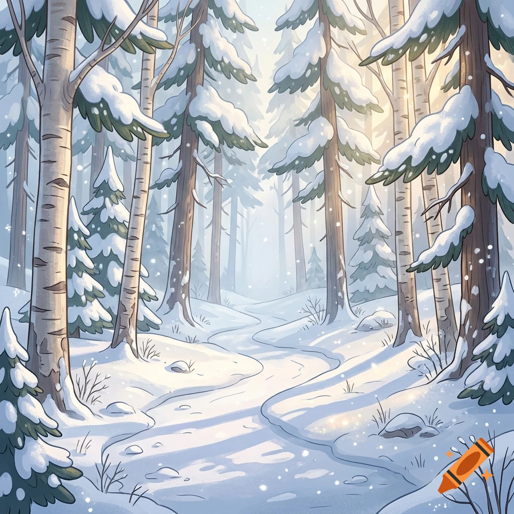 Cartoon winter forest with snow-covered trees and a winding path, digital illustration