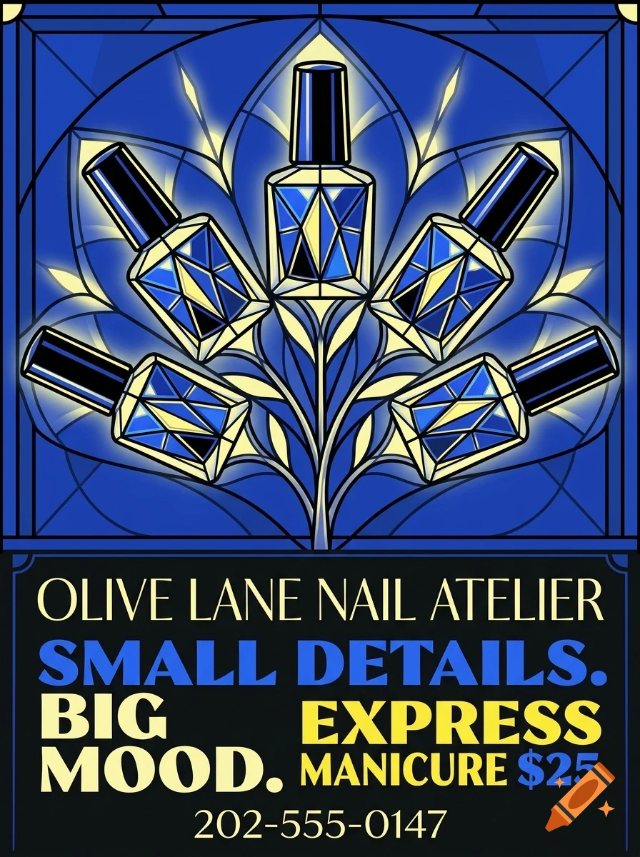 An illustrated poster advertising Olive Lane Nail Atelier with a blue stained-glass design depicting nail polish bottles, and text reading 'Small details. Big mood. Express manicure $25' and '202-555-0147'.