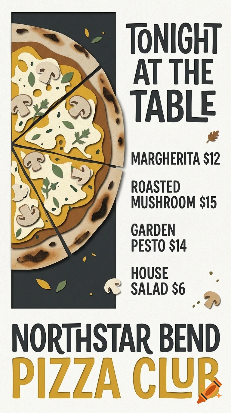 An illustrated menu for Northstar Bend Pizza Club showing a sliced pizza and prices for Margherita, Roasted Mushroom, Garden Pesto, and House Salad.