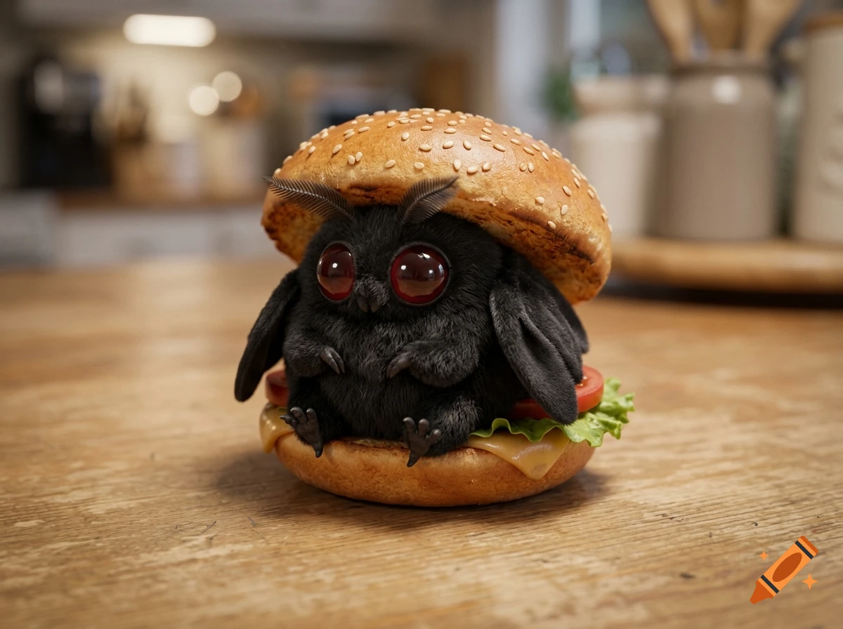 A photorealistic miniature black furry mothman sitting inside a hamburger on a wooden kitchen table.