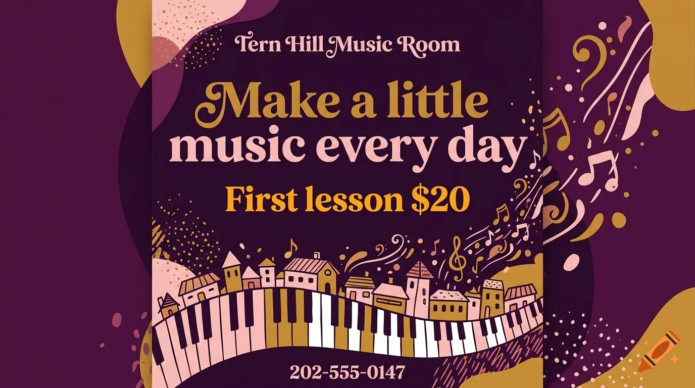 An advertisement for Tern Hill Music Room featuring a piano keyboard, little houses, and musical notes with text reading Make a little music every day.