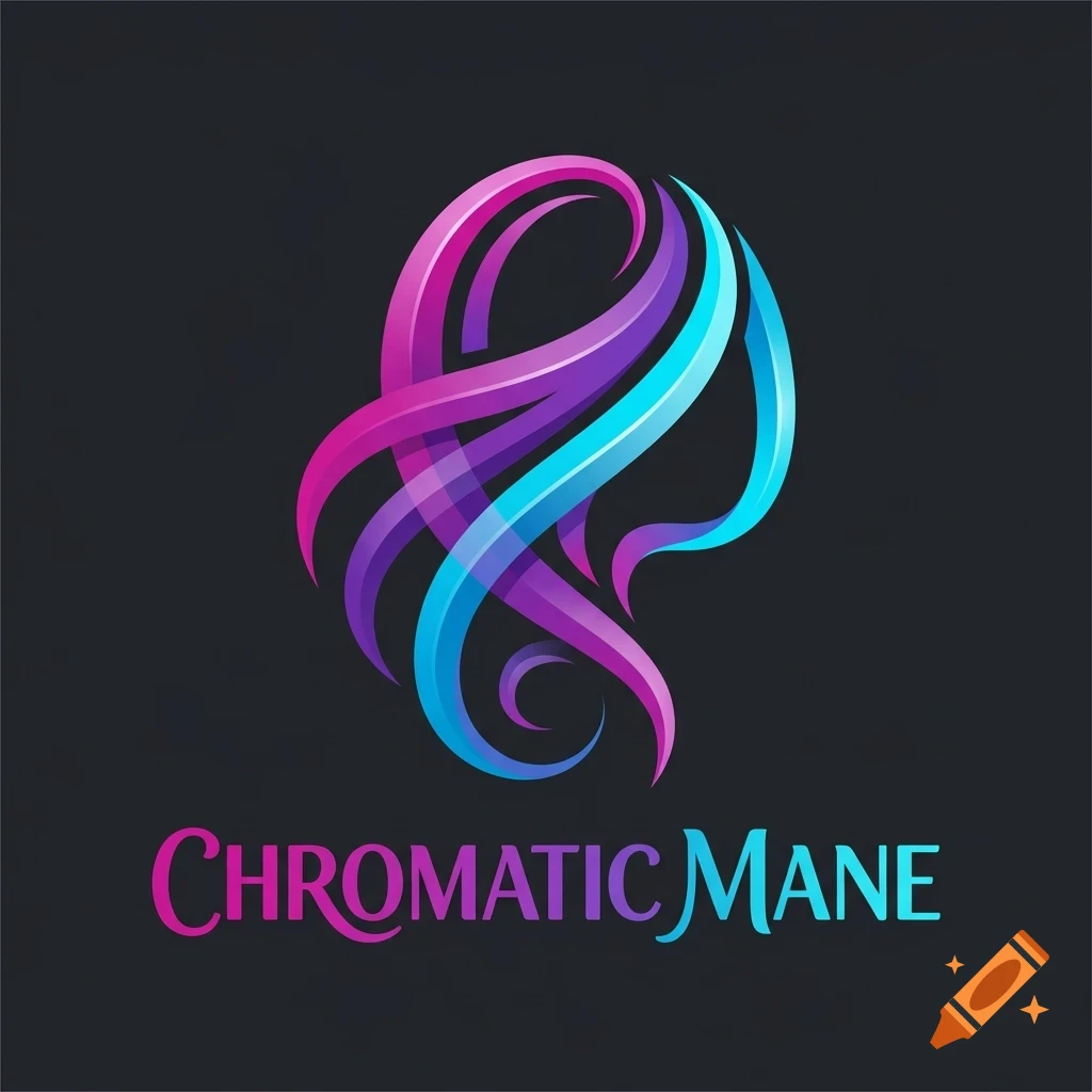 A colorful stylized logo of flowing hair in pink, purple, and blue with the text Chromatic Mane underneath against a dark grey background.