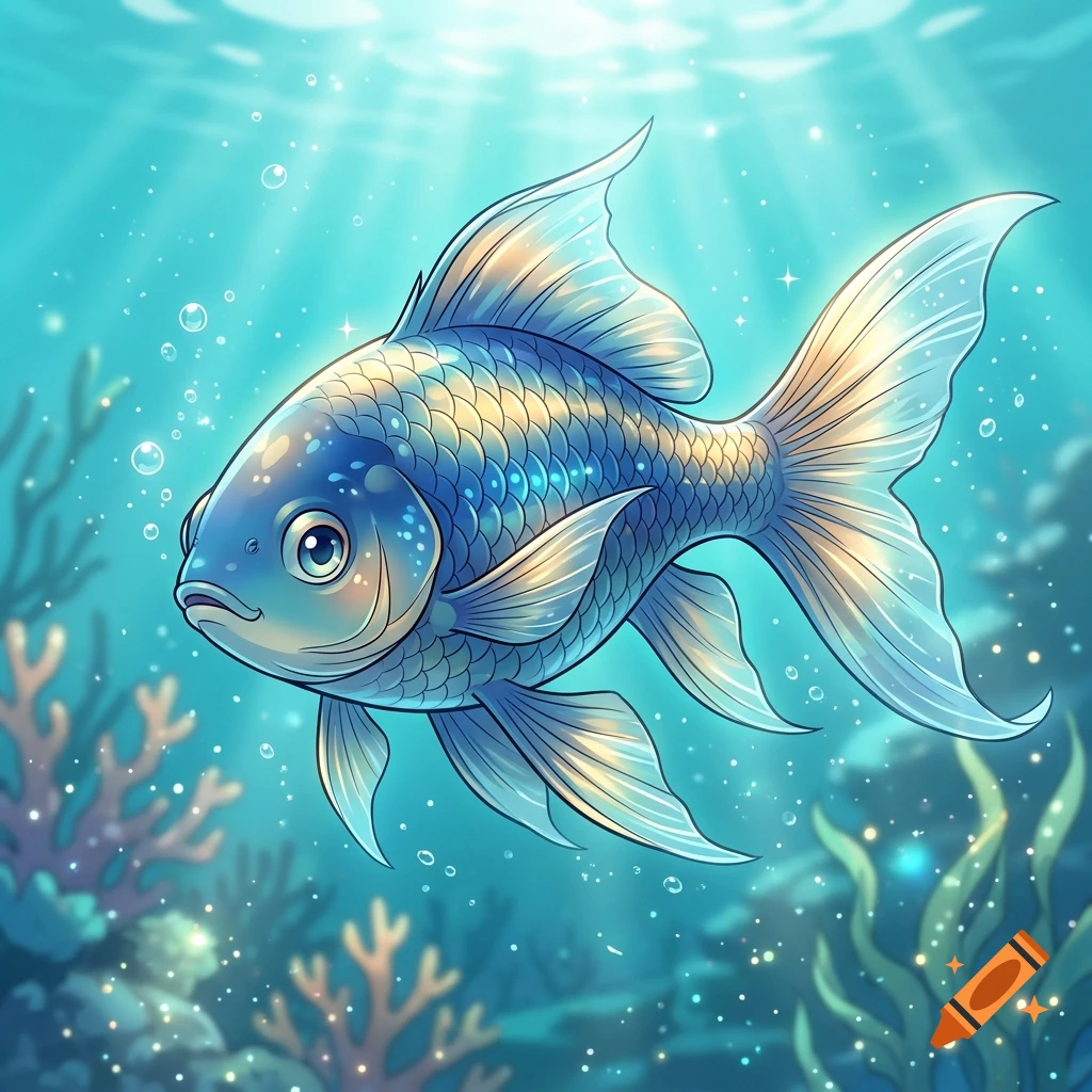 An illustrated, blue and gold fish swimming in an underwater scene with corals and bubbles.
