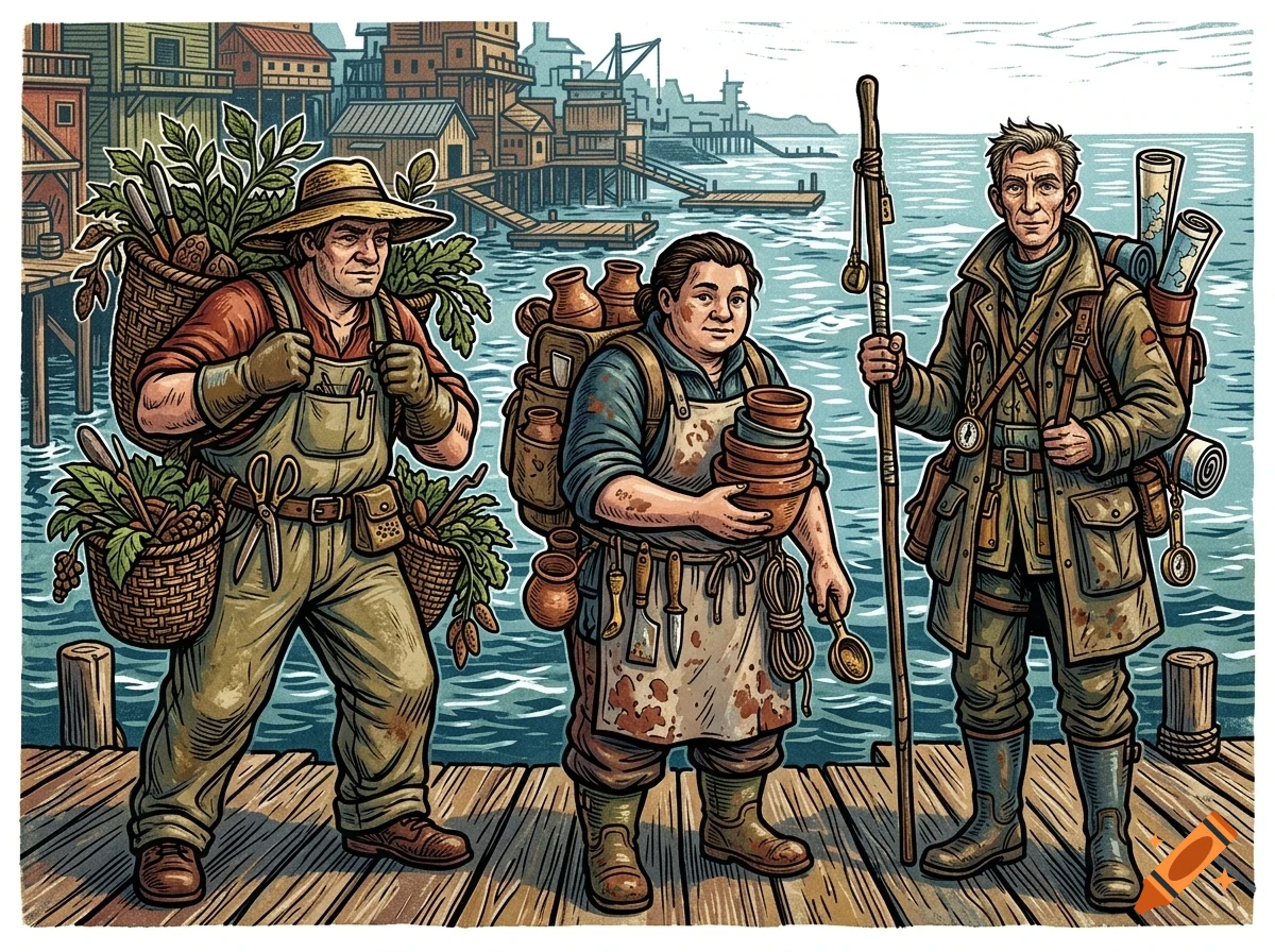 Three travelers with baskets, pottery, and gear standing on a wooden dock by the sea.