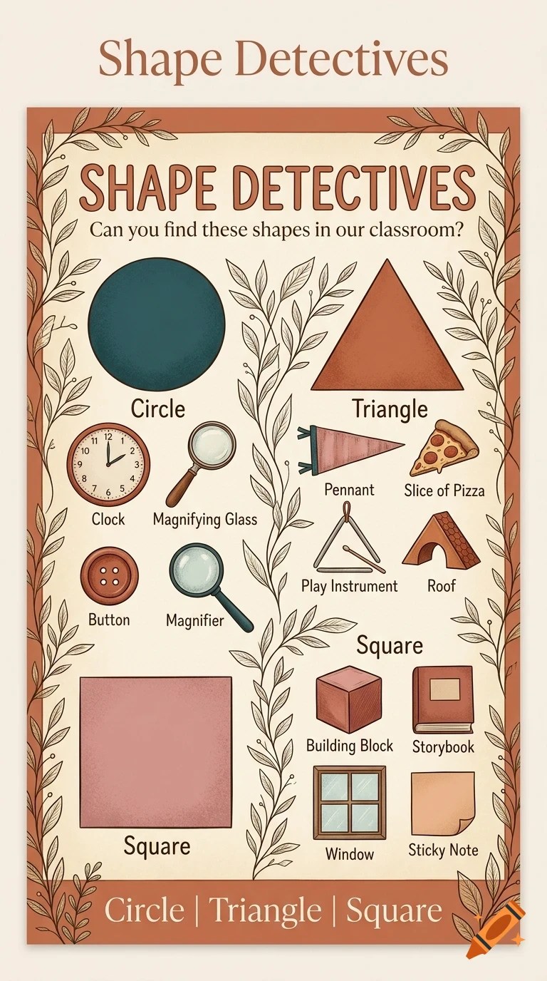 An educational poster titled Shape Detectives featuring geometric shapes and corresponding everyday objects.