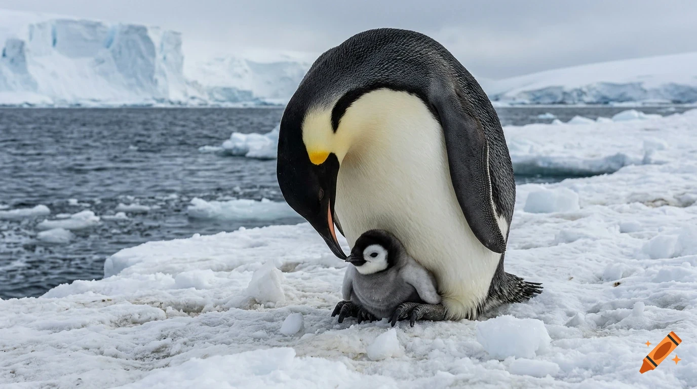 An adult emperor penguin looks down at its fluffy chick standing on an icy shore near the water with glaciers in the background.