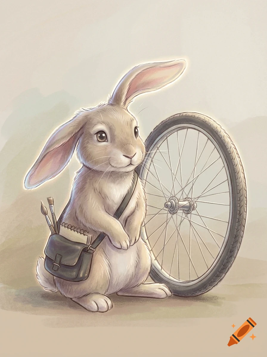 An anthropomorphic rabbit wearing a satchel with paintbrushes and a sketchbook, standing next to a bicycle wheel.