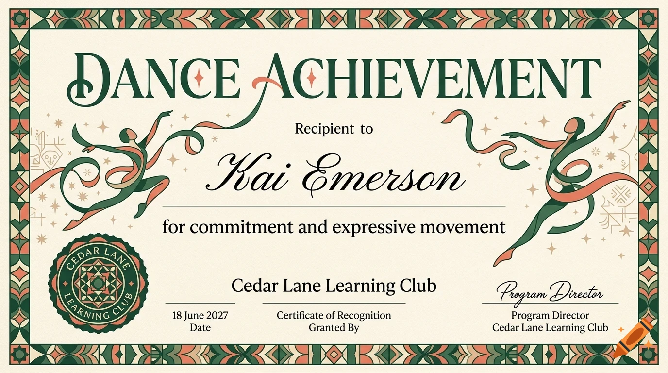 An ornate certificate titled Dance Achievement awarded to Kai Emerson, featuring green and coral decorative borders and two abstract dancing figures.