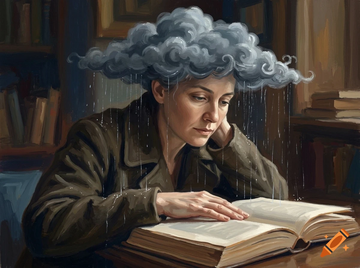 An oil painting of a woman sitting at a desk reading a book, with a dark rain cloud hovering over her head and raining onto the book.