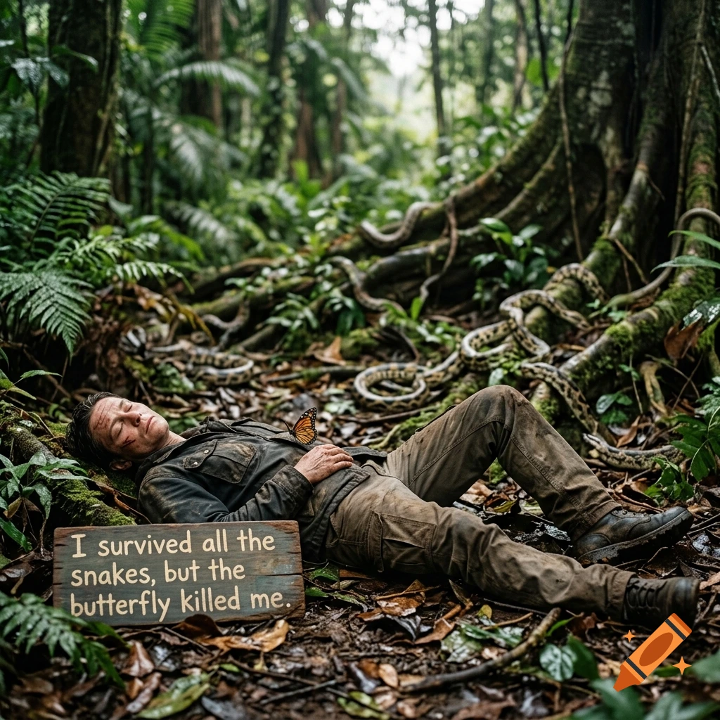 Photorealistic image of a man lying in a jungle surrounded by snakes, with a butterfly on his chest and a wooden sign.