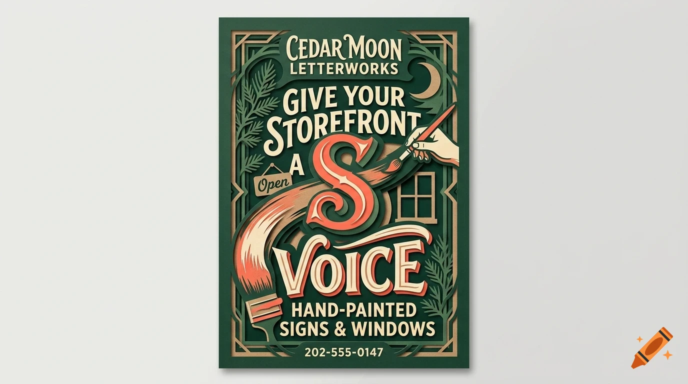 A poster with green, cream, and red tones featuring the text Cedar Moon Letterworks and Give your storefront a voice, with an illustrated hand painting a letter S.