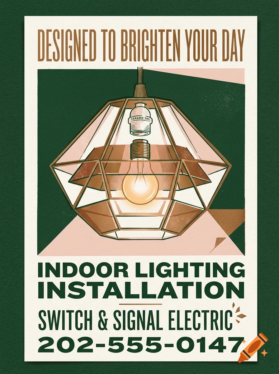 An illustrated poster advertising indoor lighting installation with a faceted glass pendant lamp and text.