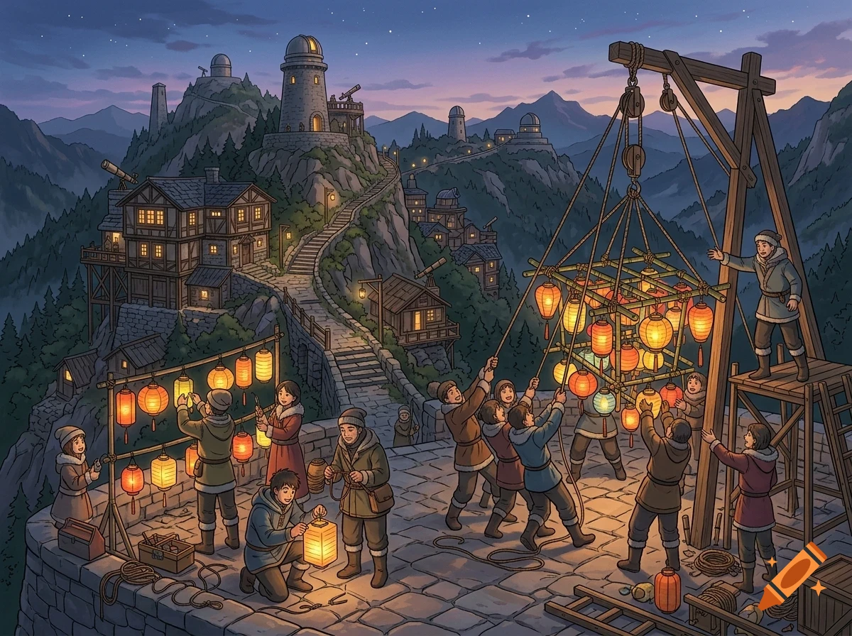 People in winter clothing gather on a mountaintop terrace at dusk to hang glowing paper lanterns, with an observatory village in the background.