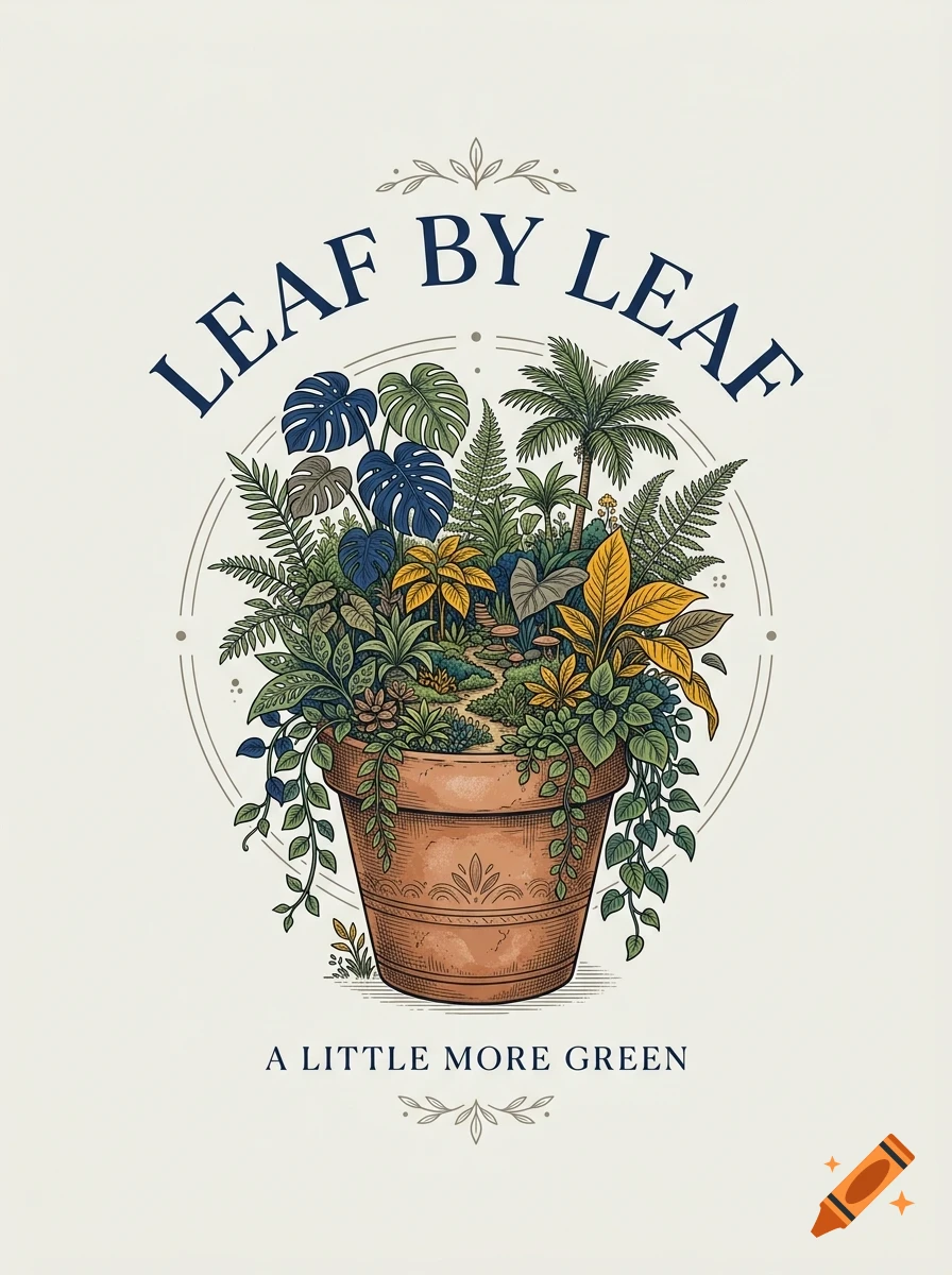 An illustrated flower pot filled with various tropical plants and ferns, with the text 'LEAF BY LEAF' at the top and 'A LITTLE MORE GREEN' at the bottom.
