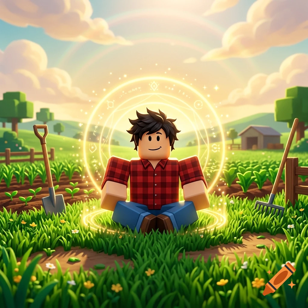 A Roblox character sitting cross-legged in a grassy field with a glowing aura under a sunny sky.