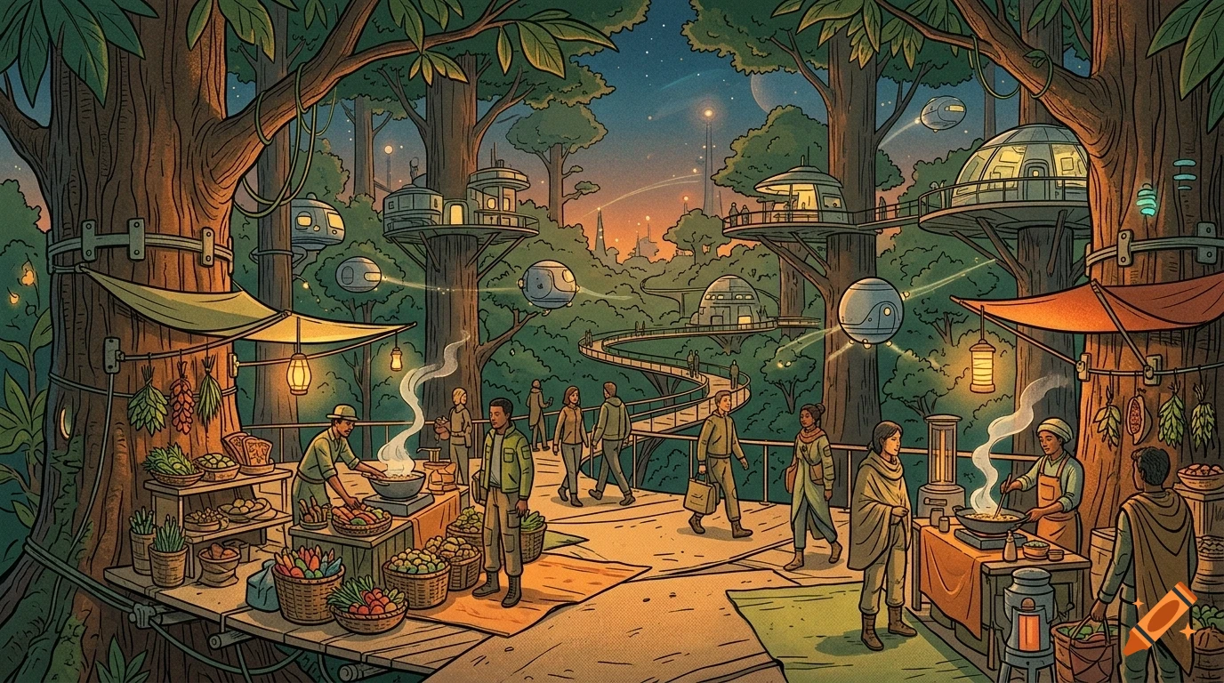An illustrated scene of a bustling futuristic forest market among giant trees, with people shopping, food stalls, and dome houses connected by walkways.
