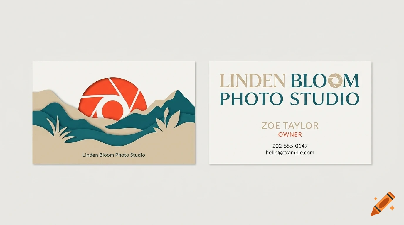 Two business card mockups showing a layered papercut landscape graphic on the left and typography for Linden Bloom Photo Studio on the right.