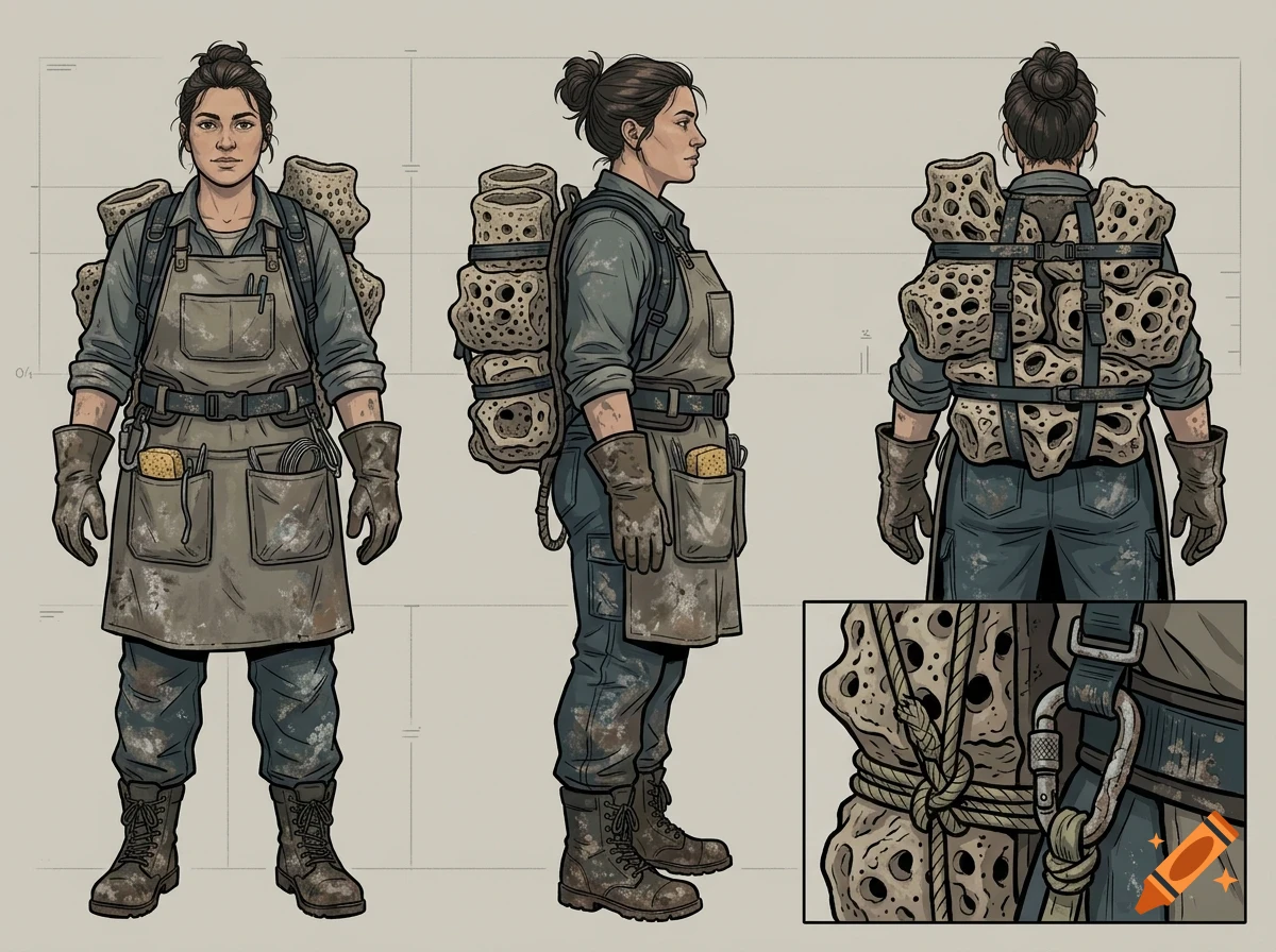 Character design sheet showing a woman wearing an apron, gloves, and a large porous pack on her back from front, side, and rear angles.